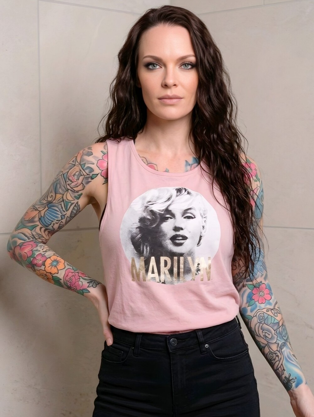Marilyn Monroe Pink Tank Top Lattice Ladder Back Gold Hollywood Icon Alt NWT XL
